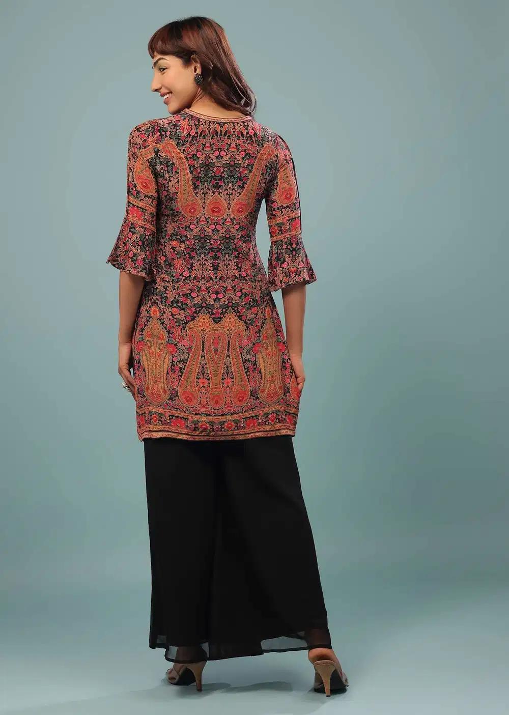 Black Printed Palazzo Suit In Georgette With Multicolored Kashmiri Print