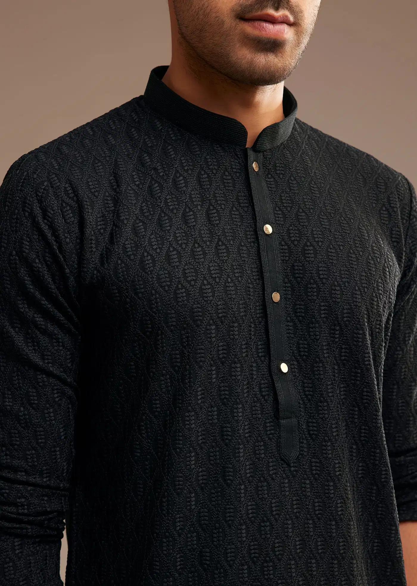 Black Rayon Kurta Set With Self Work Embroidery Elegant Designer Kurta Sets