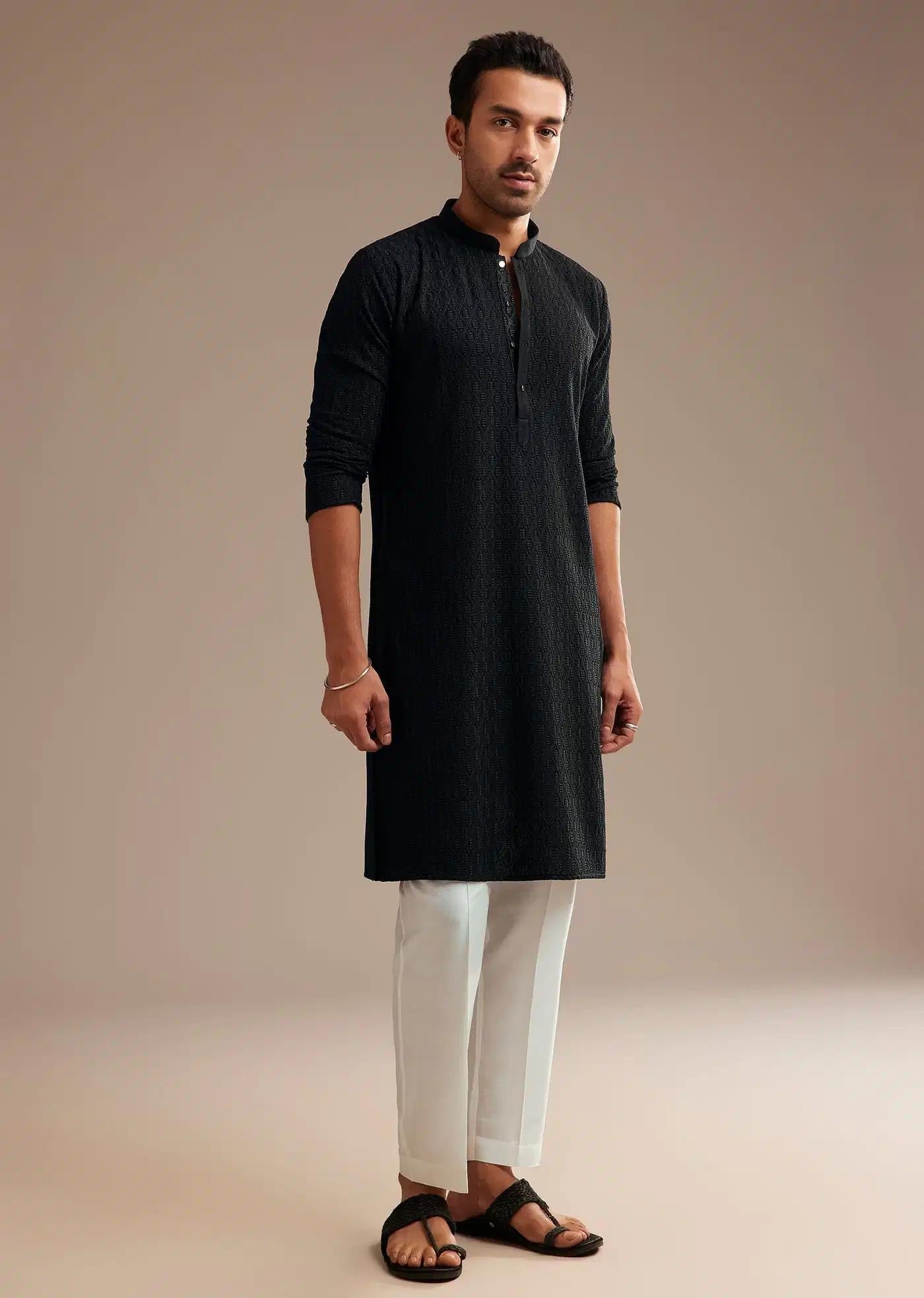 Black Rayon Kurta Set With Self Work Embroidery Elegant Designer Kurta Sets