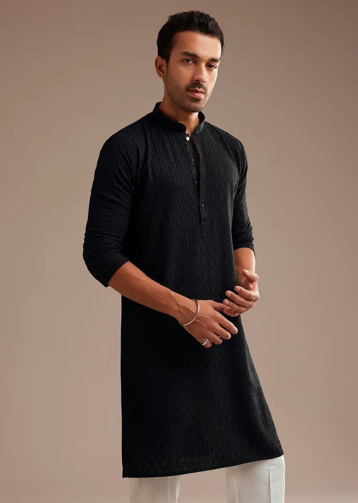 Black Rayon Kurta Set With Self Work Embroidery Elegant Designer Kurta Sets