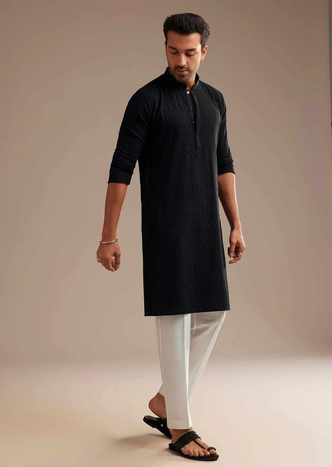 Black Rayon Kurta Set With Self Work Embroidery Elegant Designer Kurta Sets