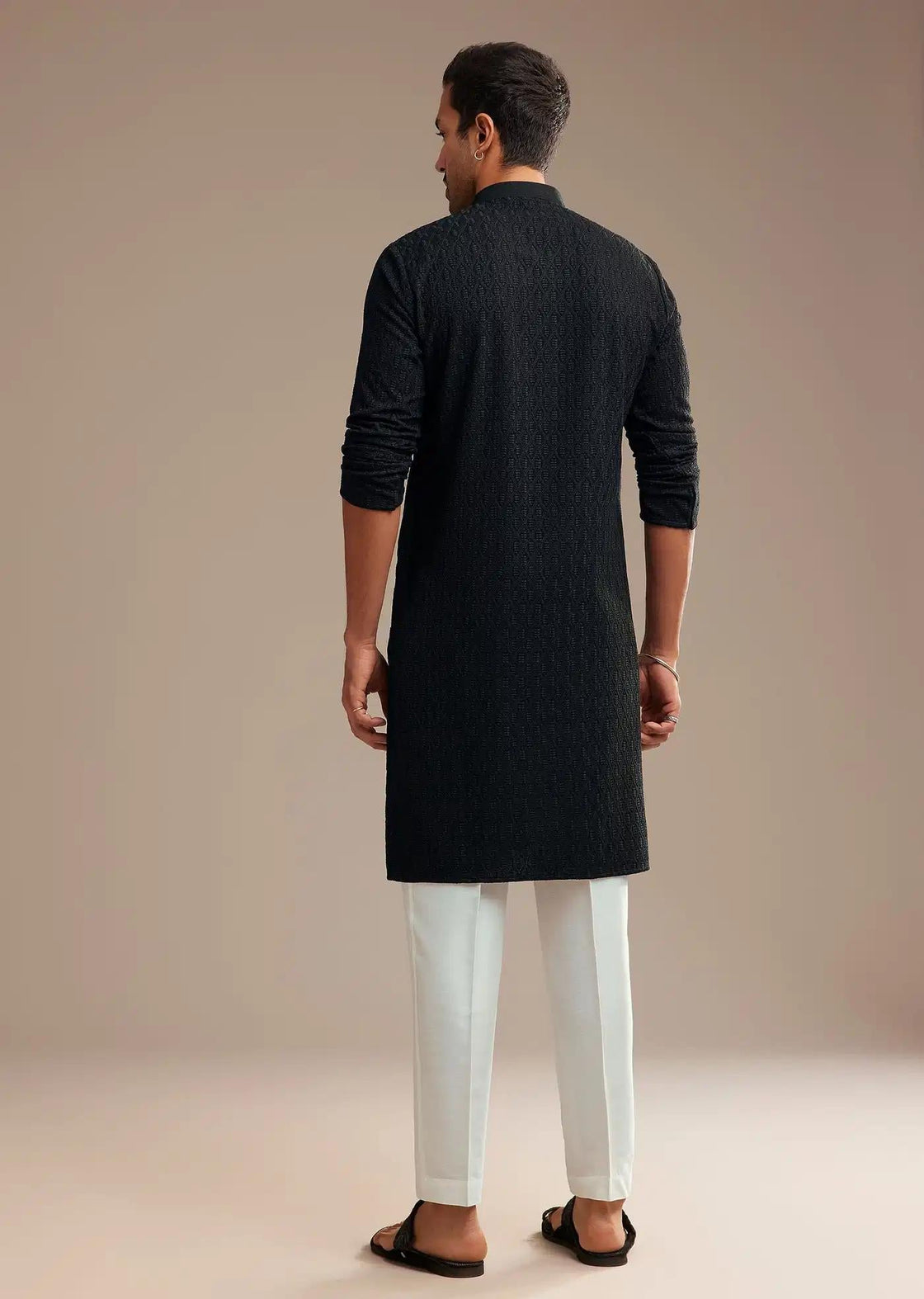 Black Rayon Kurta Set With Self Work Embroidery Elegant Designer Kurta Sets
