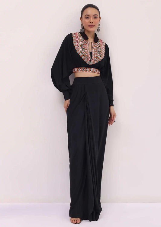 Black Resham Work Skirt And Crop Top In Crepe Fabric