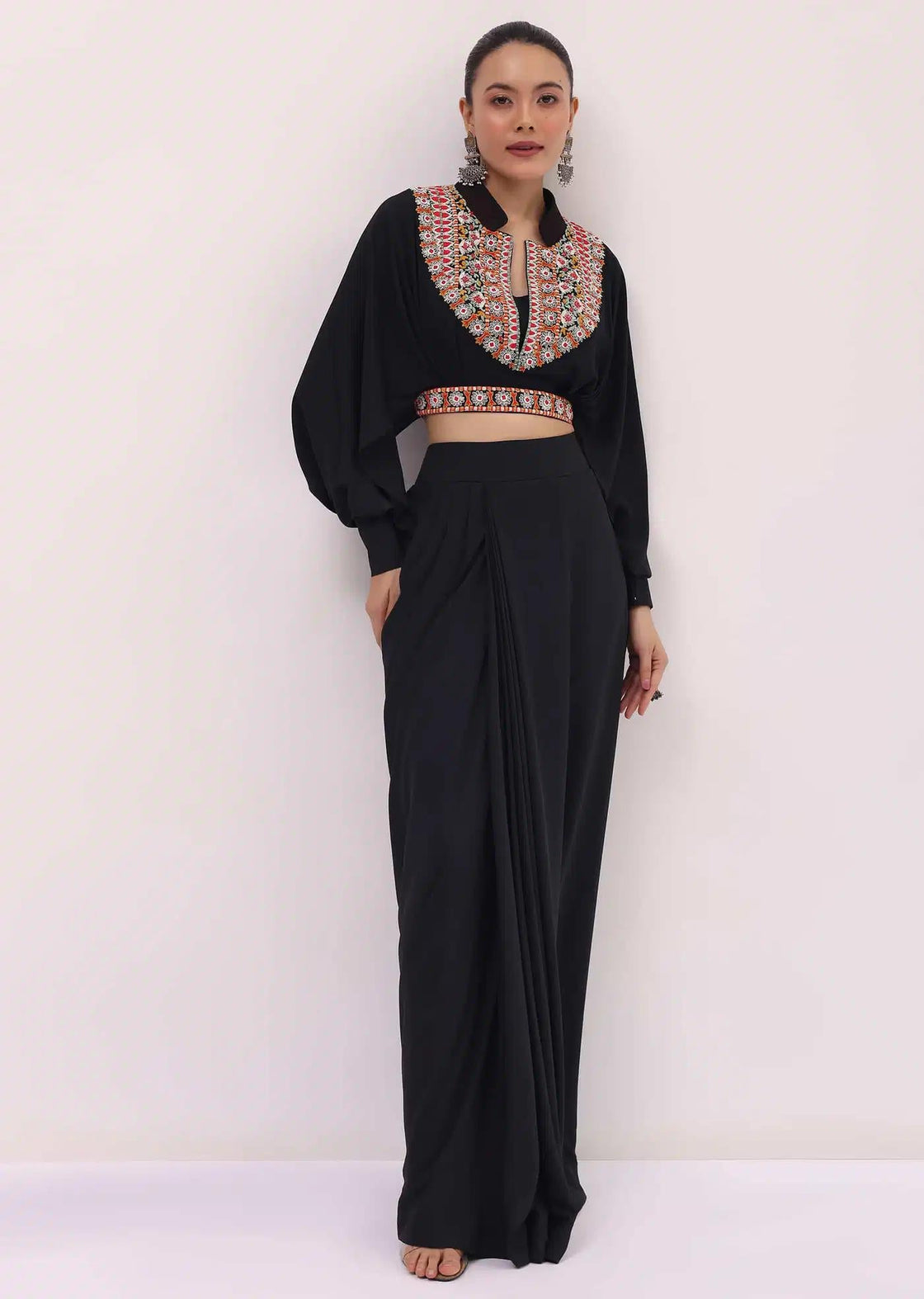 Black Resham Work Skirt And Crop Top In Crepe Fabric