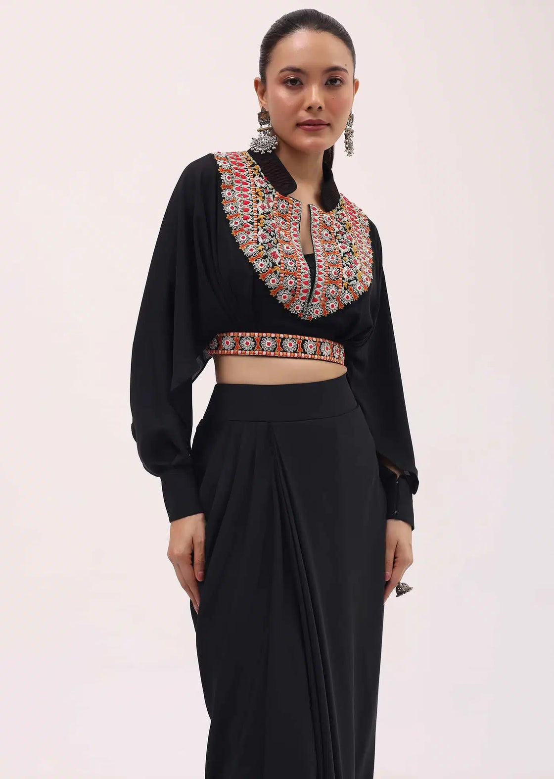 Black Resham Work Skirt And Crop Top In Crepe Fabric