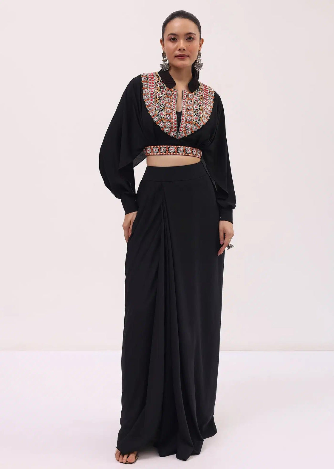 Black Resham Work Skirt And Crop Top In Crepe Fabric