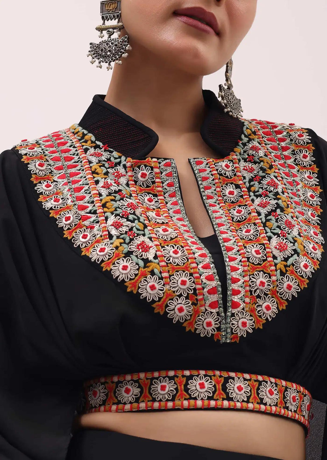 Black Resham Work Skirt And Crop Top In Crepe Fabric