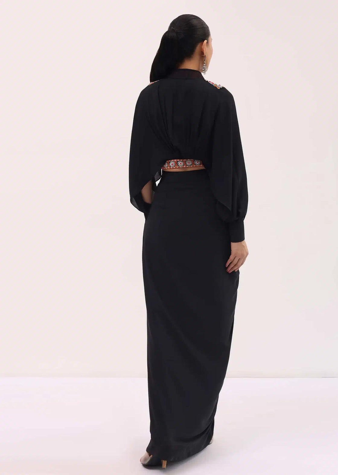 Black Resham Work Skirt And Crop Top In Crepe Fabric