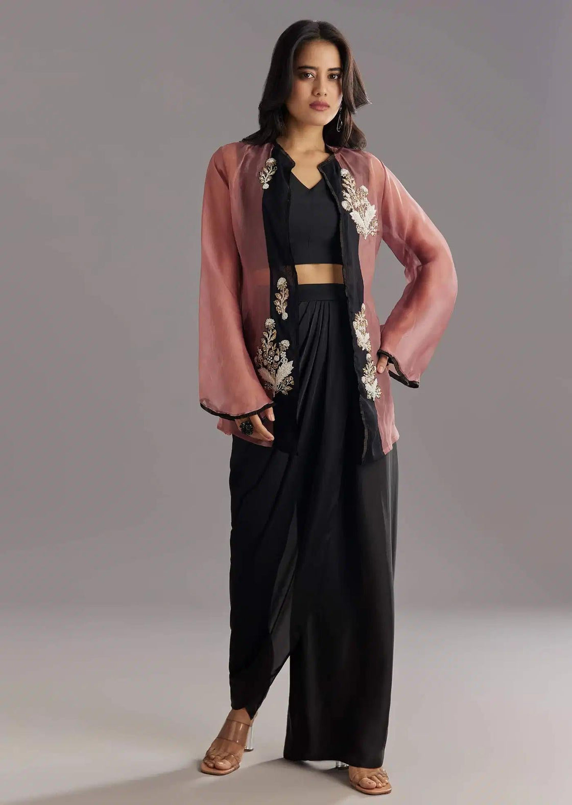 Black Satin Dhoti Set With Zardosi Embroidered Jacket