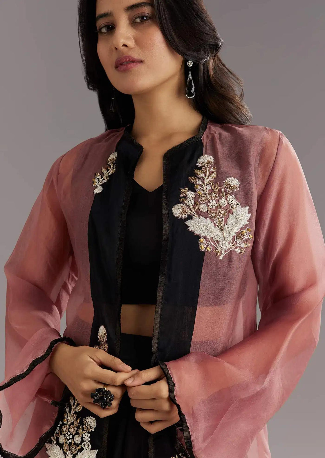 Black Satin Dhoti Set With Zardosi Embroidered Jacket