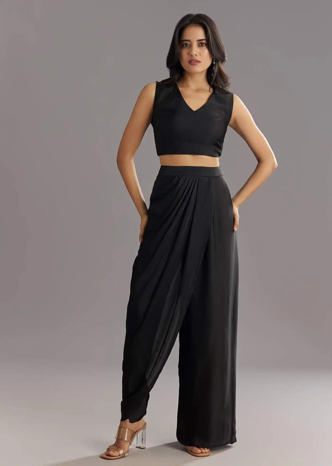 Black Satin Dhoti Set With Zardosi Embroidered Jacket