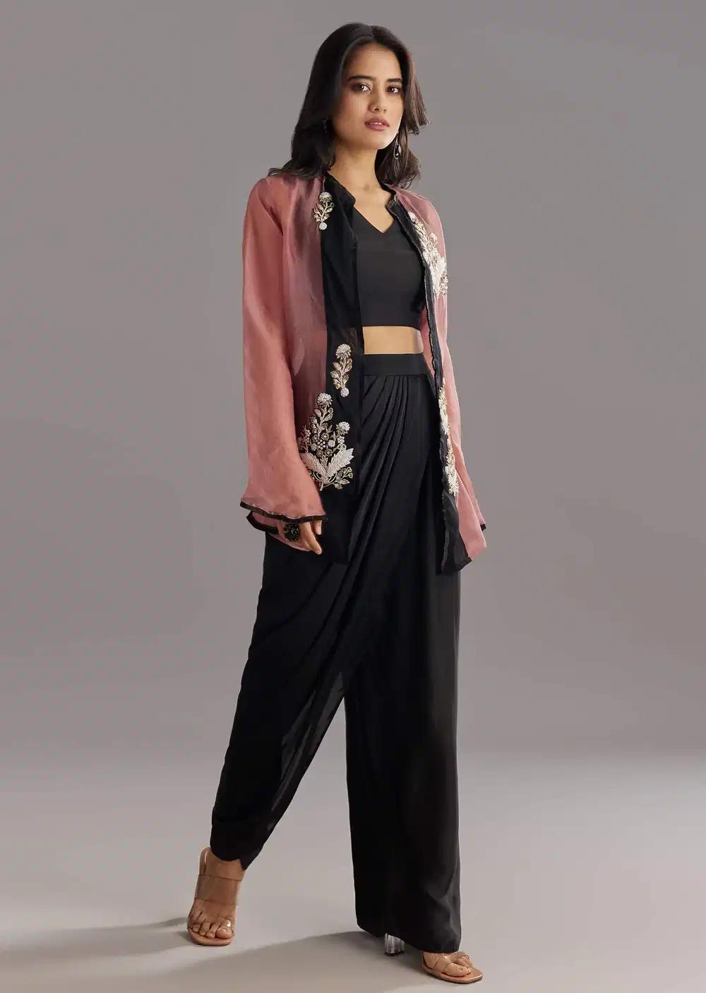 Black Satin Dhoti Set With Zardosi Embroidered Jacket