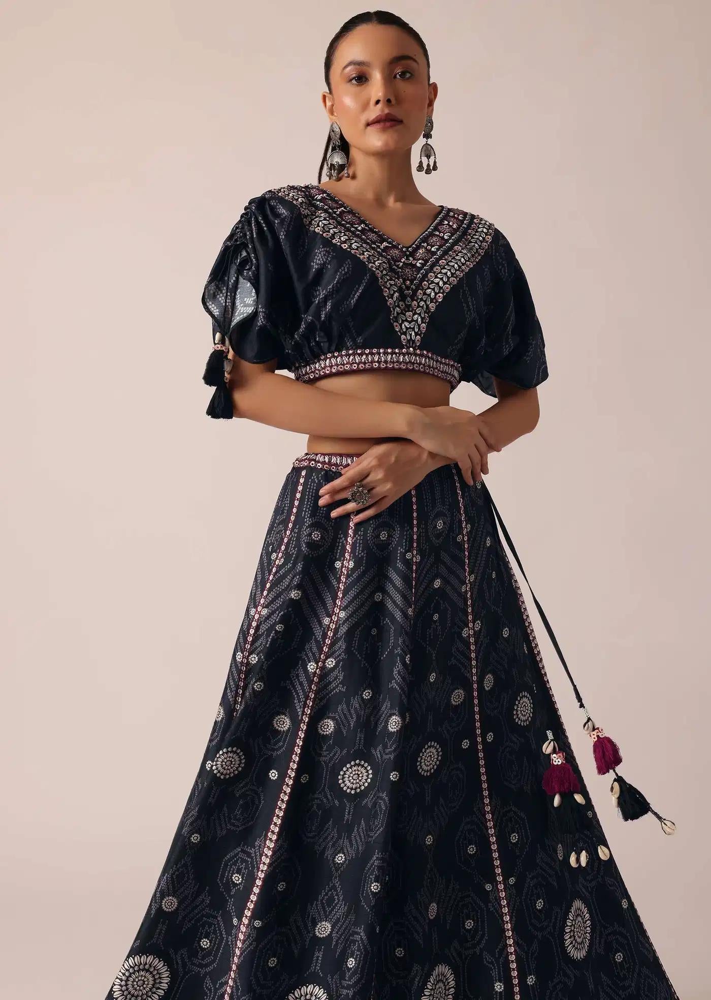 Black Satin Printed Lehenga Skirt Ensemble