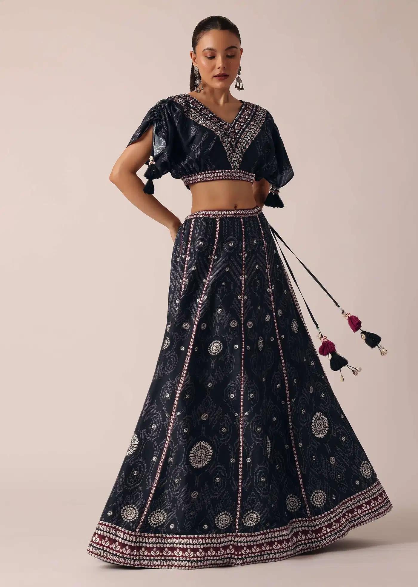 Black Satin Printed Lehenga Skirt Ensemble