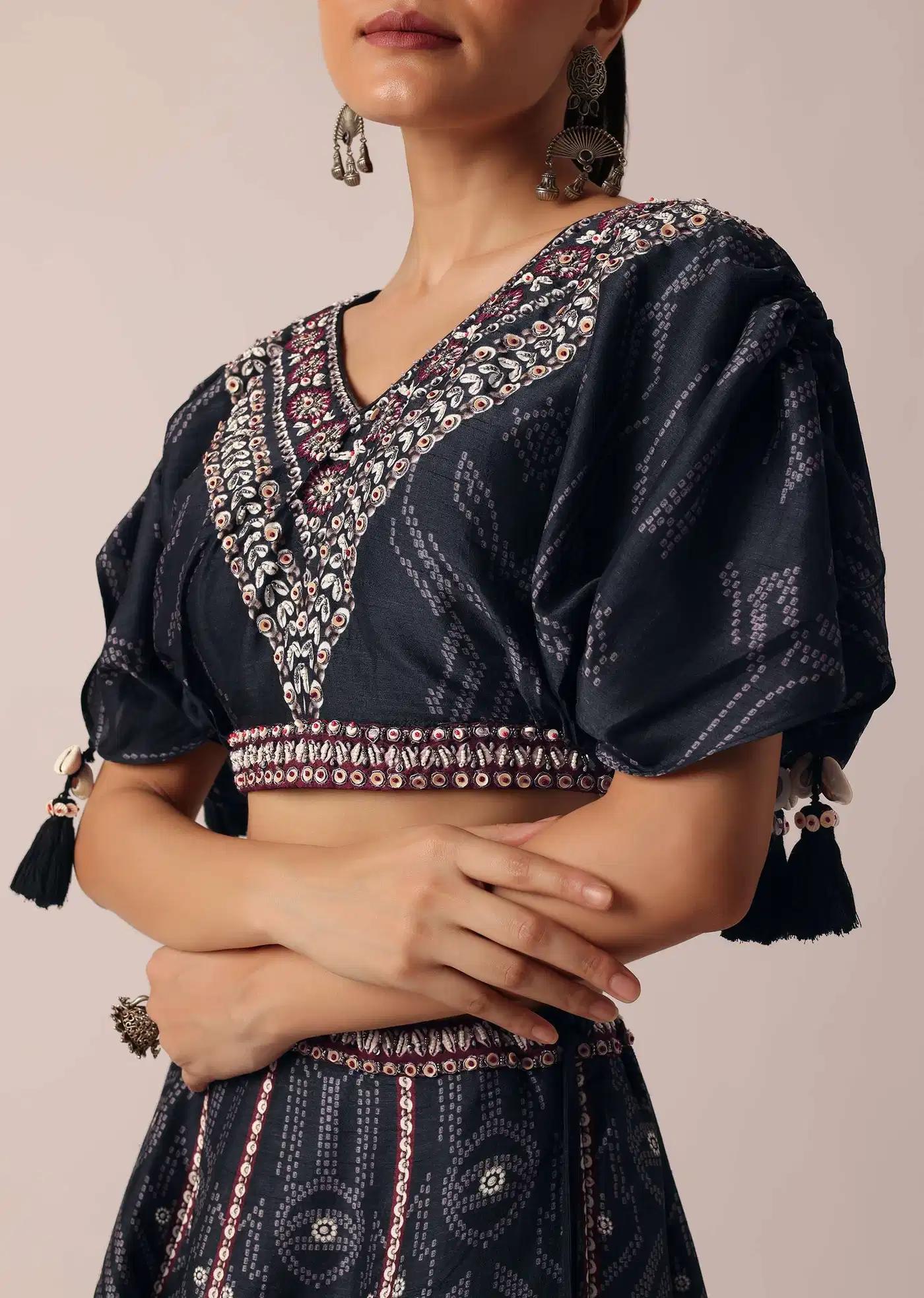 Black Satin Printed Lehenga Skirt Ensemble