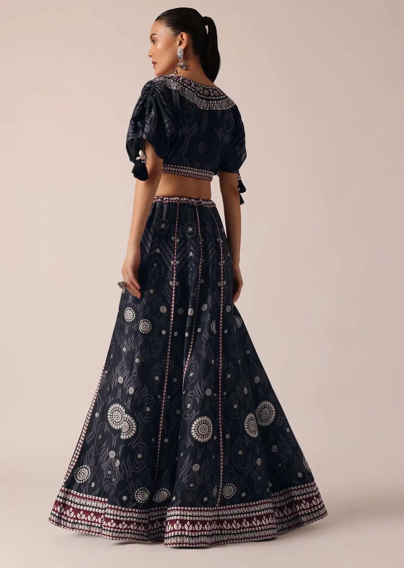 Black Satin Printed Lehenga Skirt Ensemble