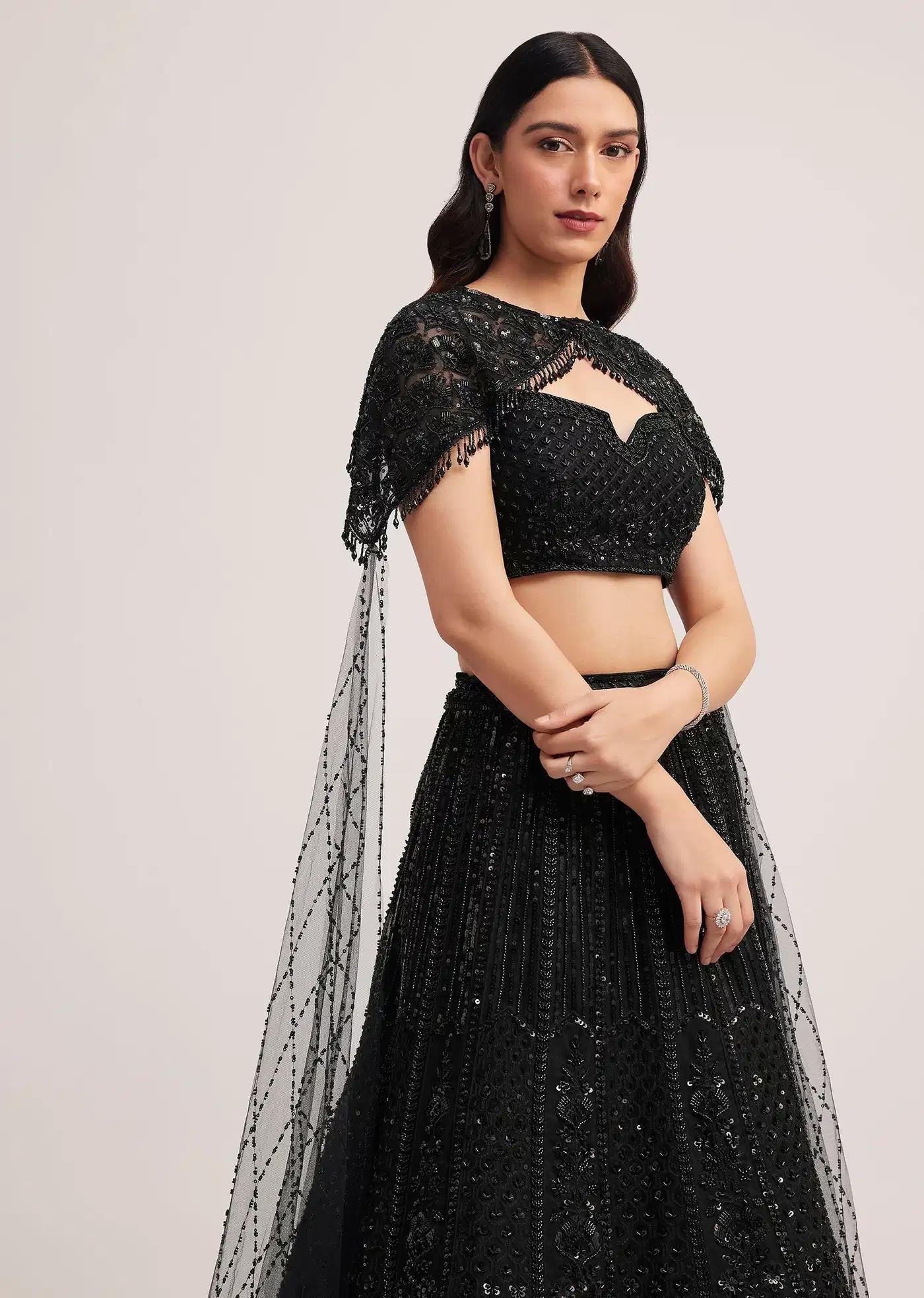 Black Sequin Embellished Lehenga Skirt Blouse Ensemble Featuring Cape