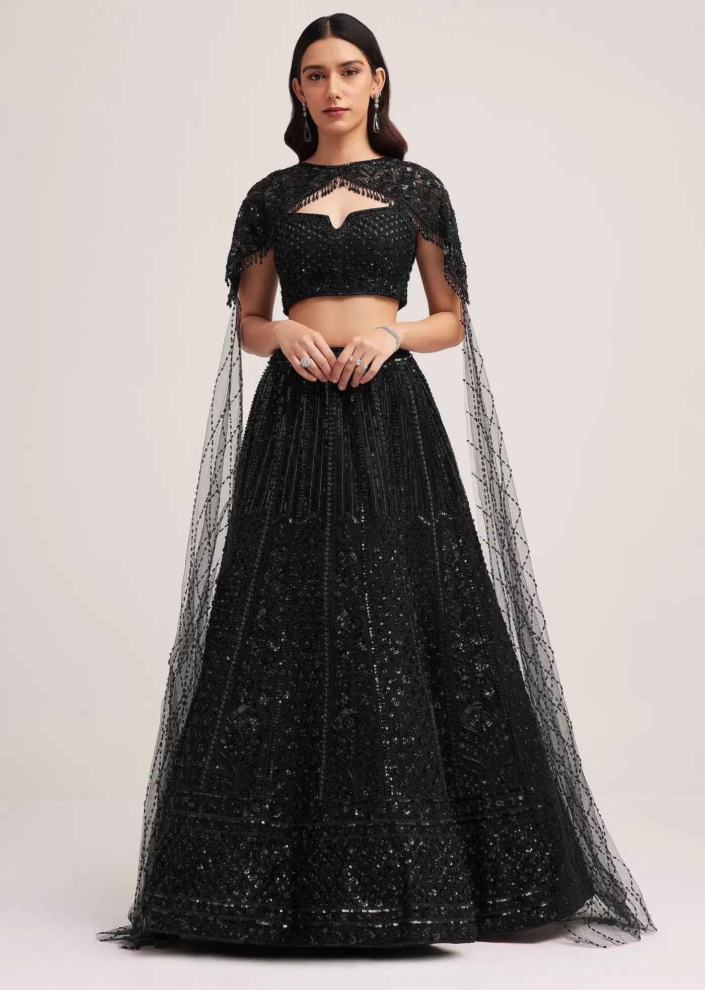 Black Sequin Embellished Lehenga Skirt Blouse Ensemble Featuring Cape