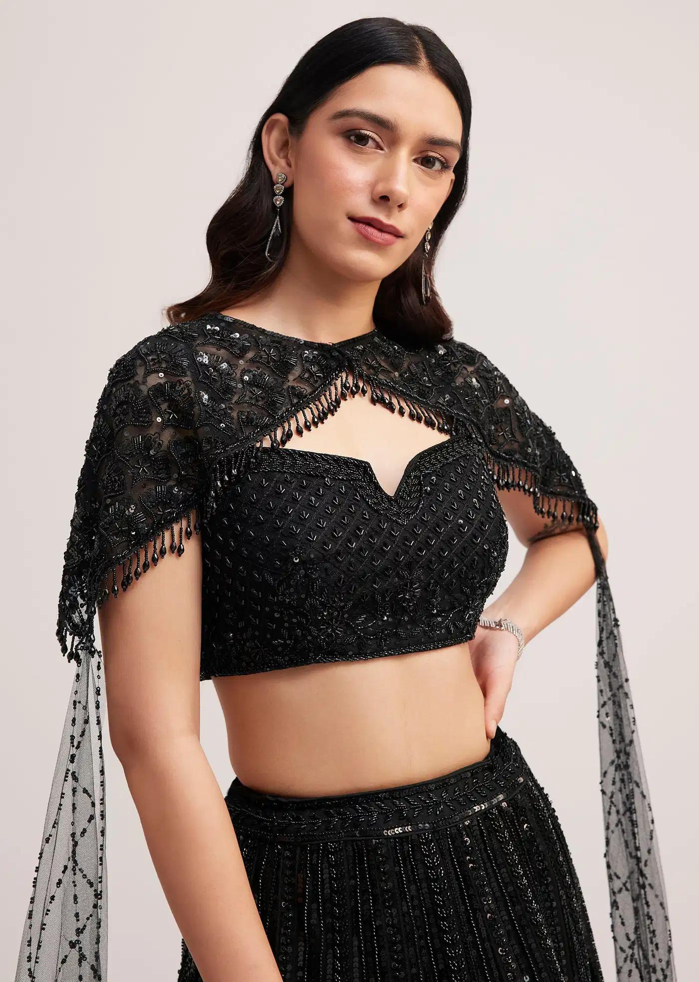 Black Sequin Embellished Lehenga Skirt Blouse Ensemble Featuring Cape