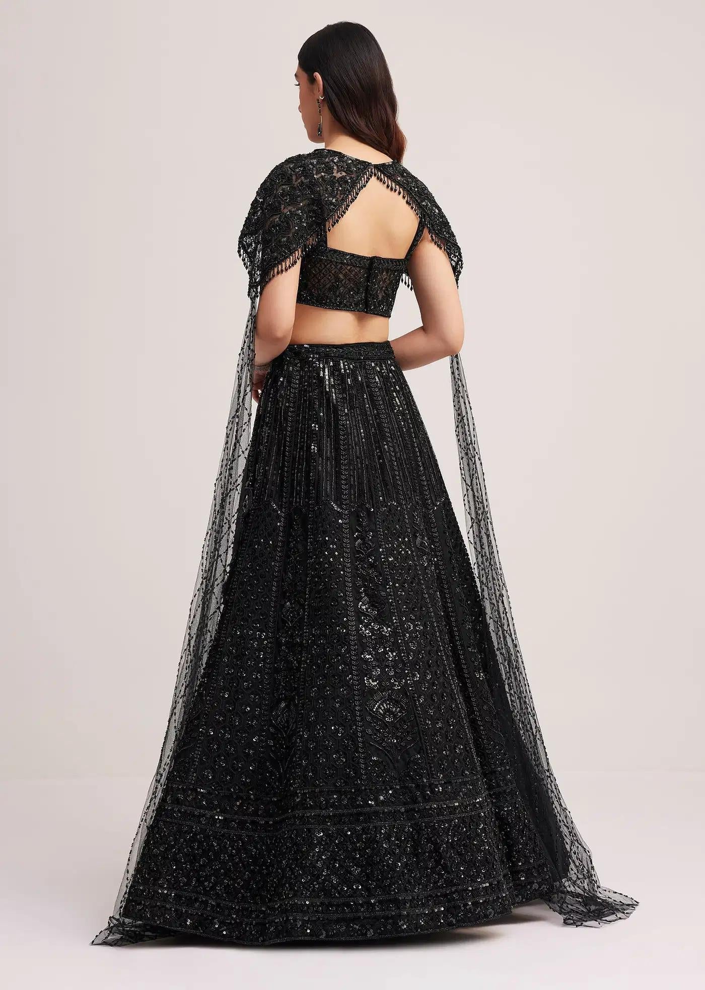 Black Sequin Embellished Lehenga Skirt Blouse Ensemble Featuring Cape