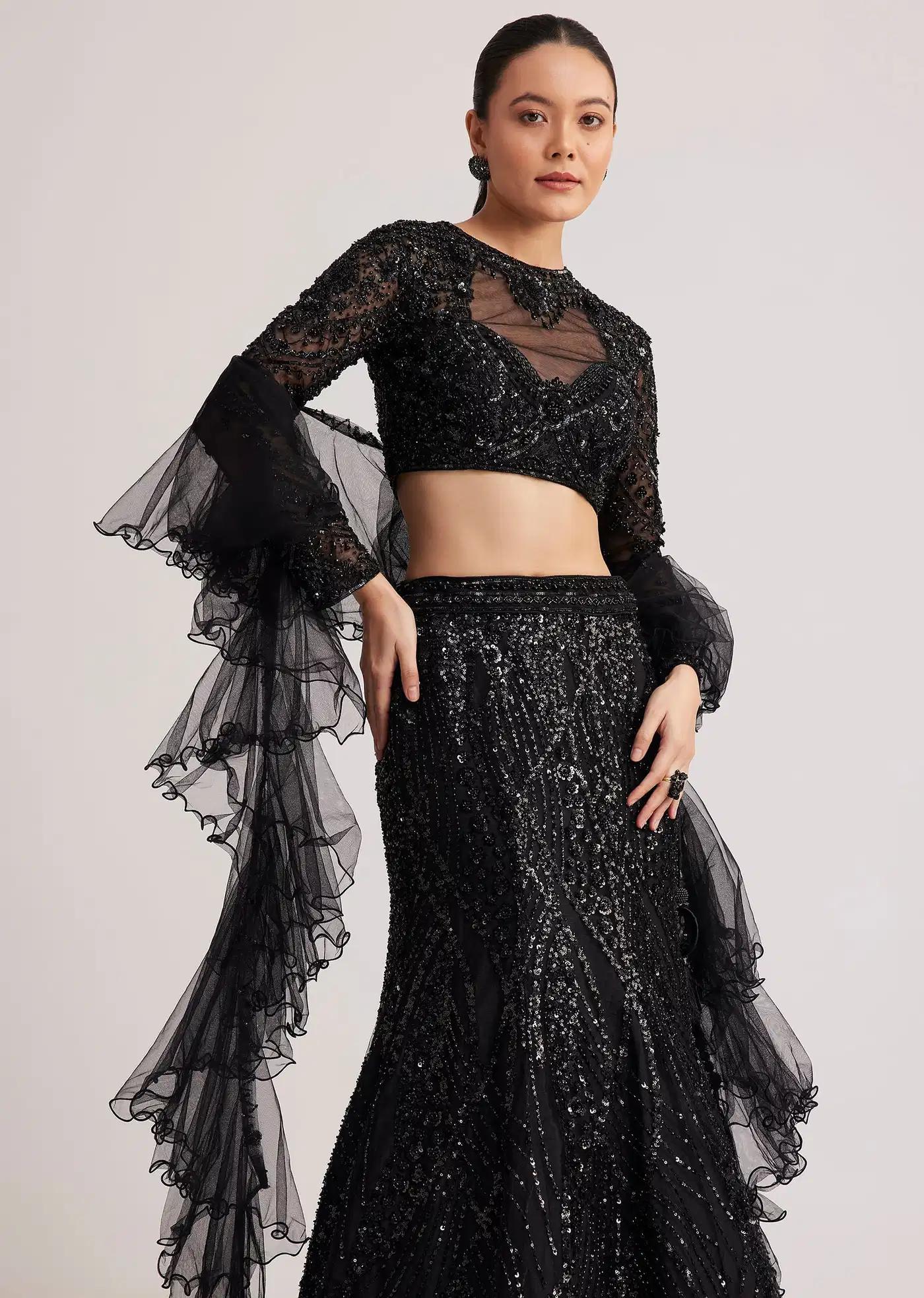 Black Sequins Lehenga Skirt Ensemble Featuring Ruffled Drape