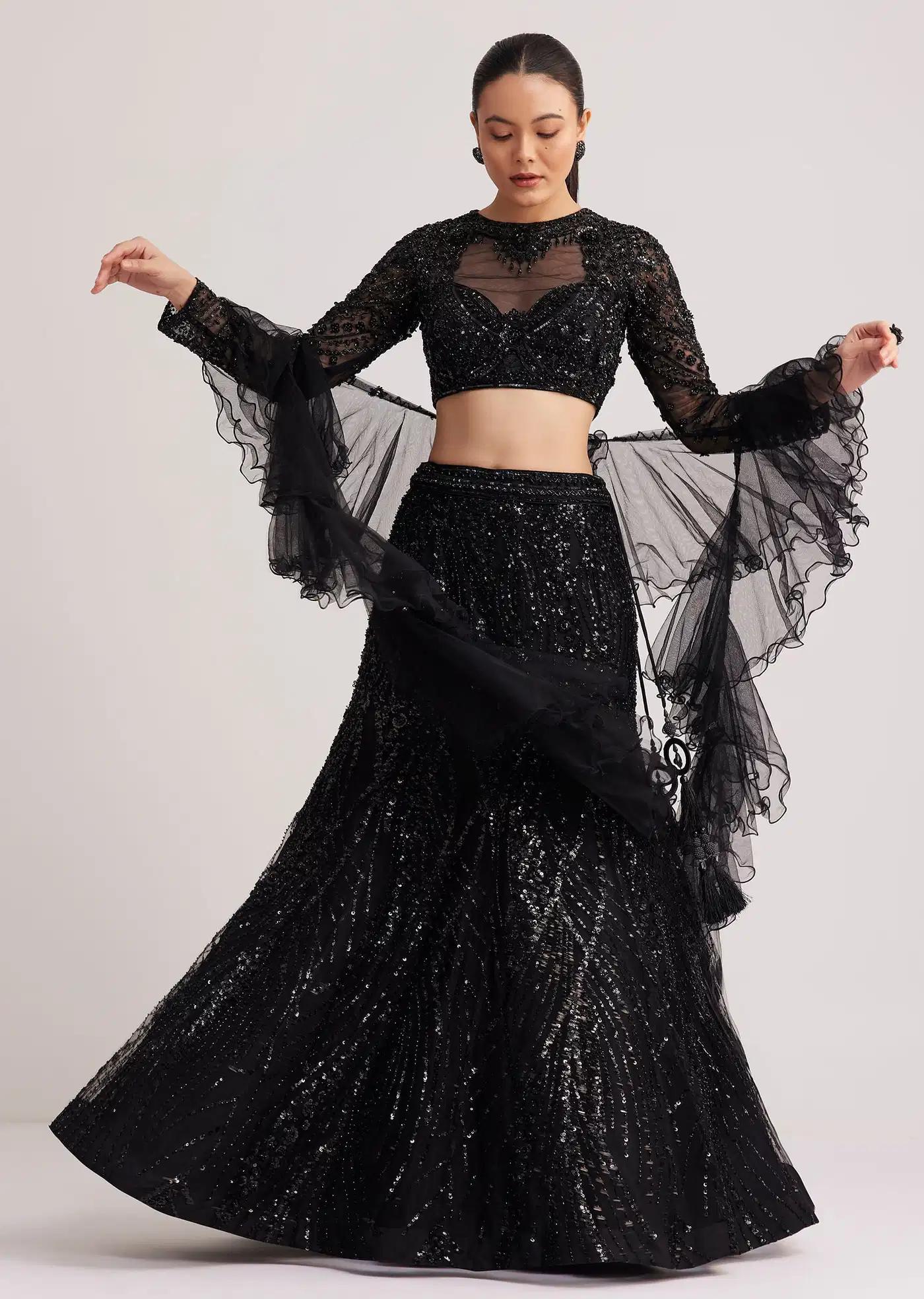 Black Sequins Lehenga Skirt Ensemble Featuring Ruffled Drape