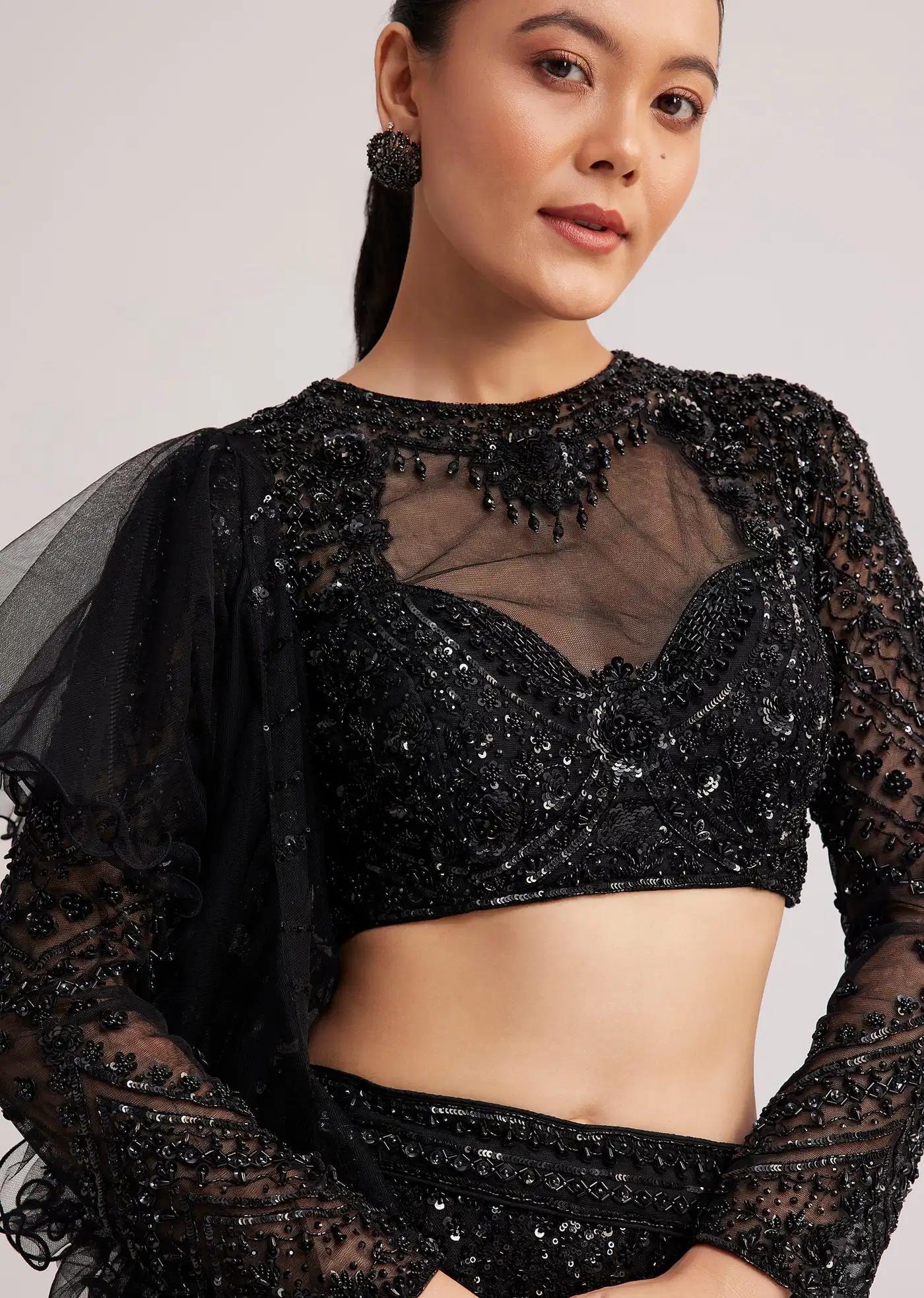 Black Sequins Lehenga Skirt Ensemble Featuring Ruffled Drape