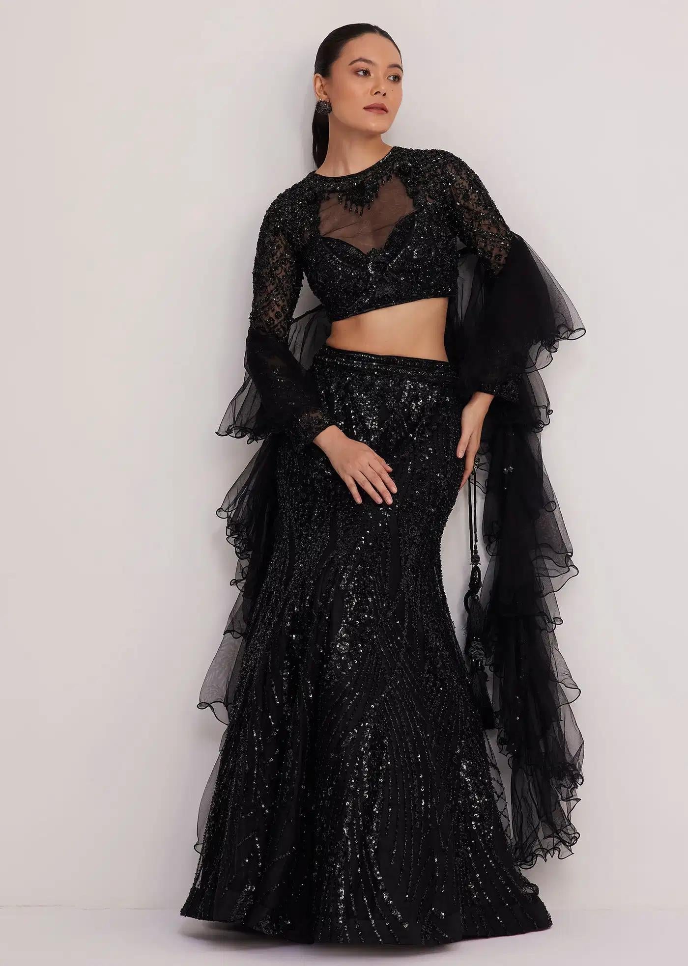 Black Sequins Lehenga Skirt Ensemble Featuring Ruffled Drape