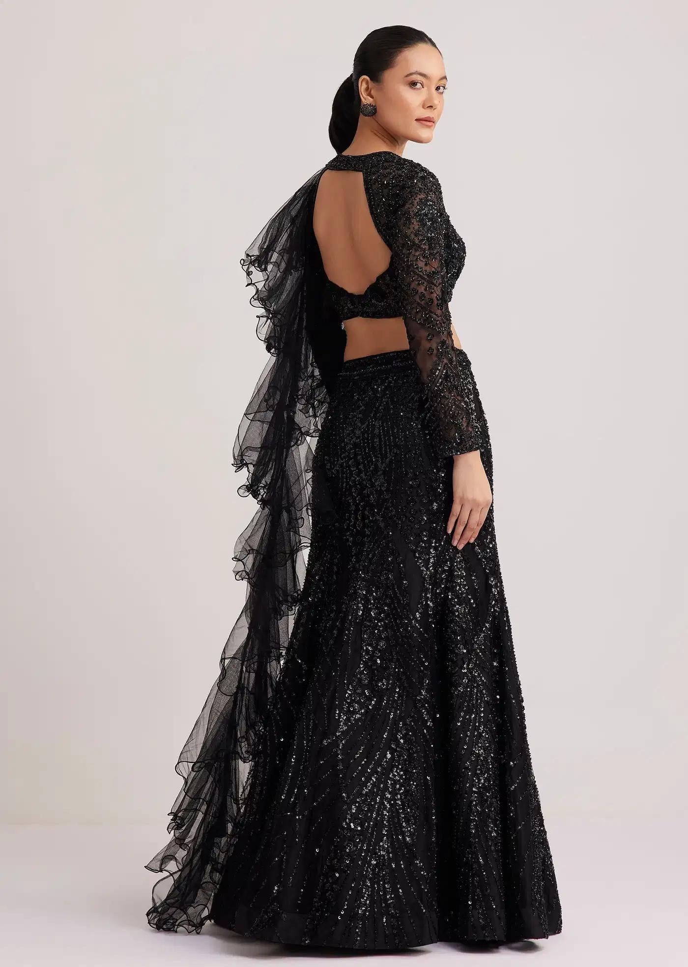 Black Sequins Lehenga Skirt Ensemble Featuring Ruffled Drape