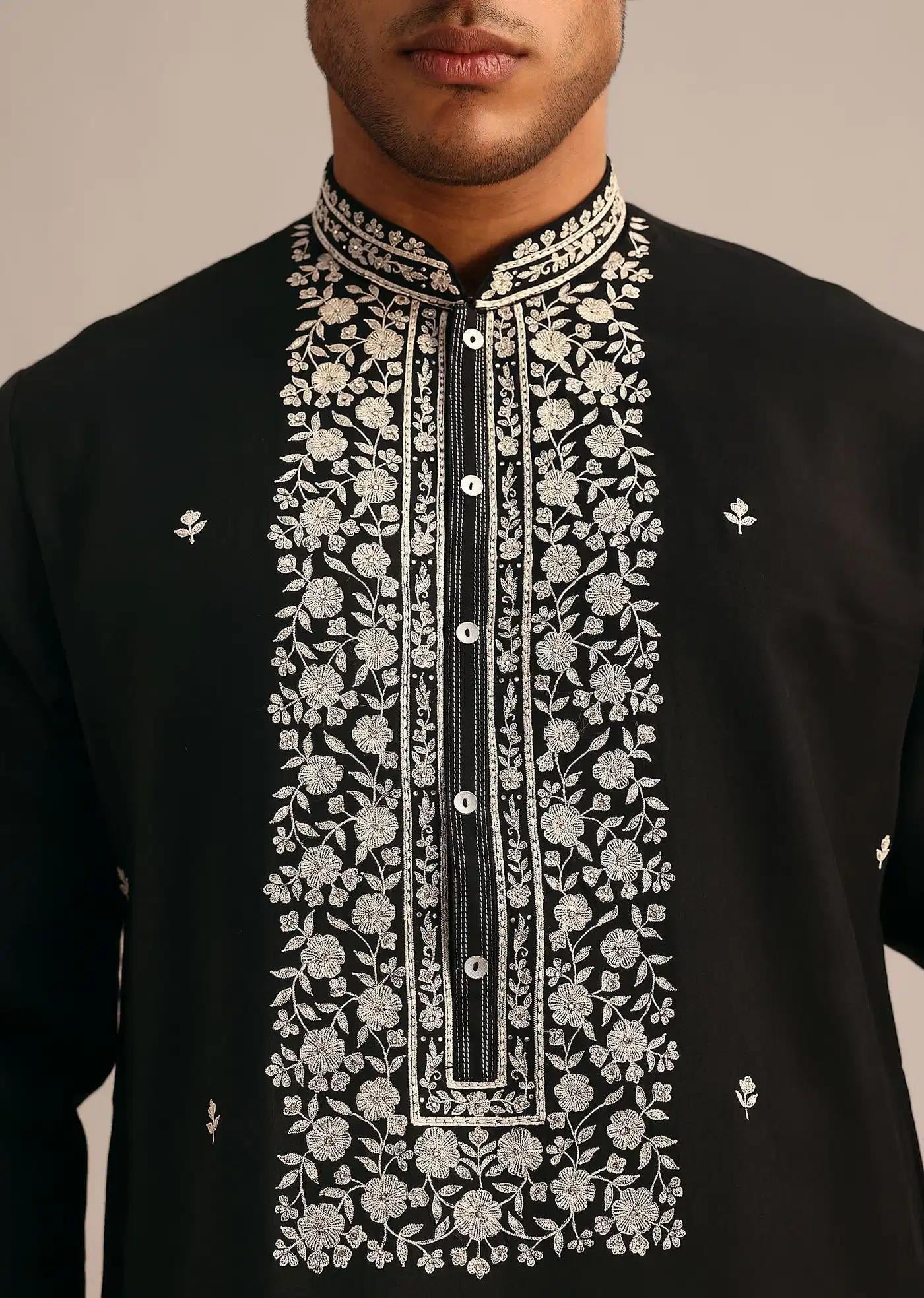 Black Silk Kurta Set With Hand Embroidered Yoke Elegant Designer Kurta Sets