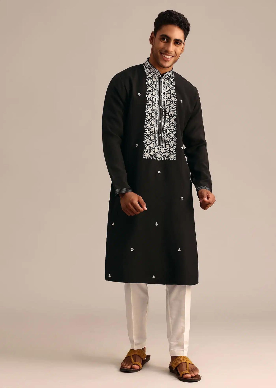 Black Silk Kurta Set With Hand Embroidered Yoke Elegant Designer Kurta Sets