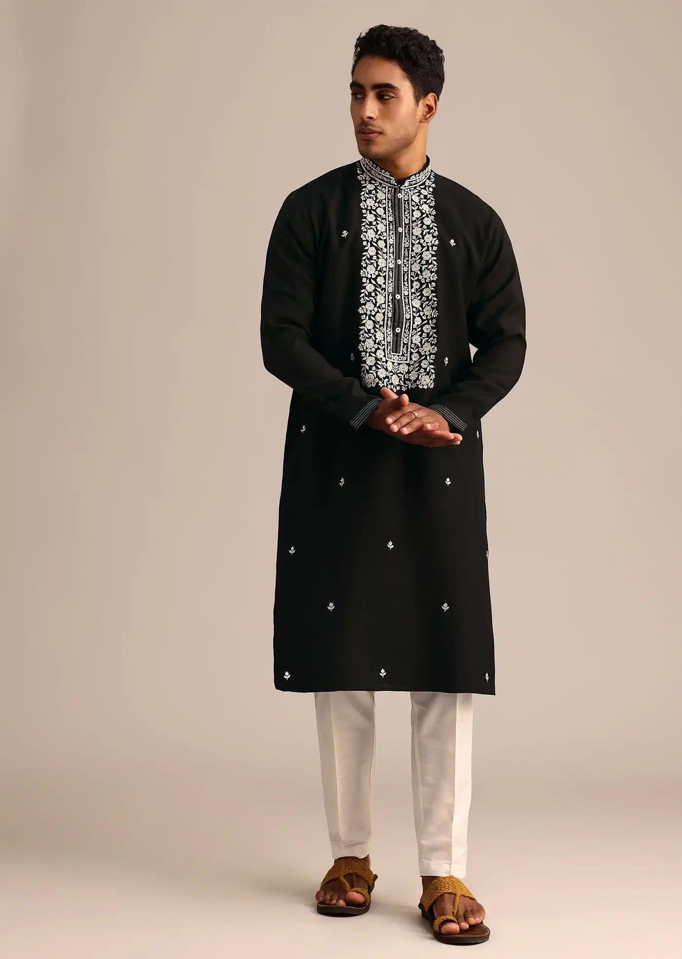 Black Silk Kurta Set With Hand Embroidered Yoke Elegant Designer Kurta Sets