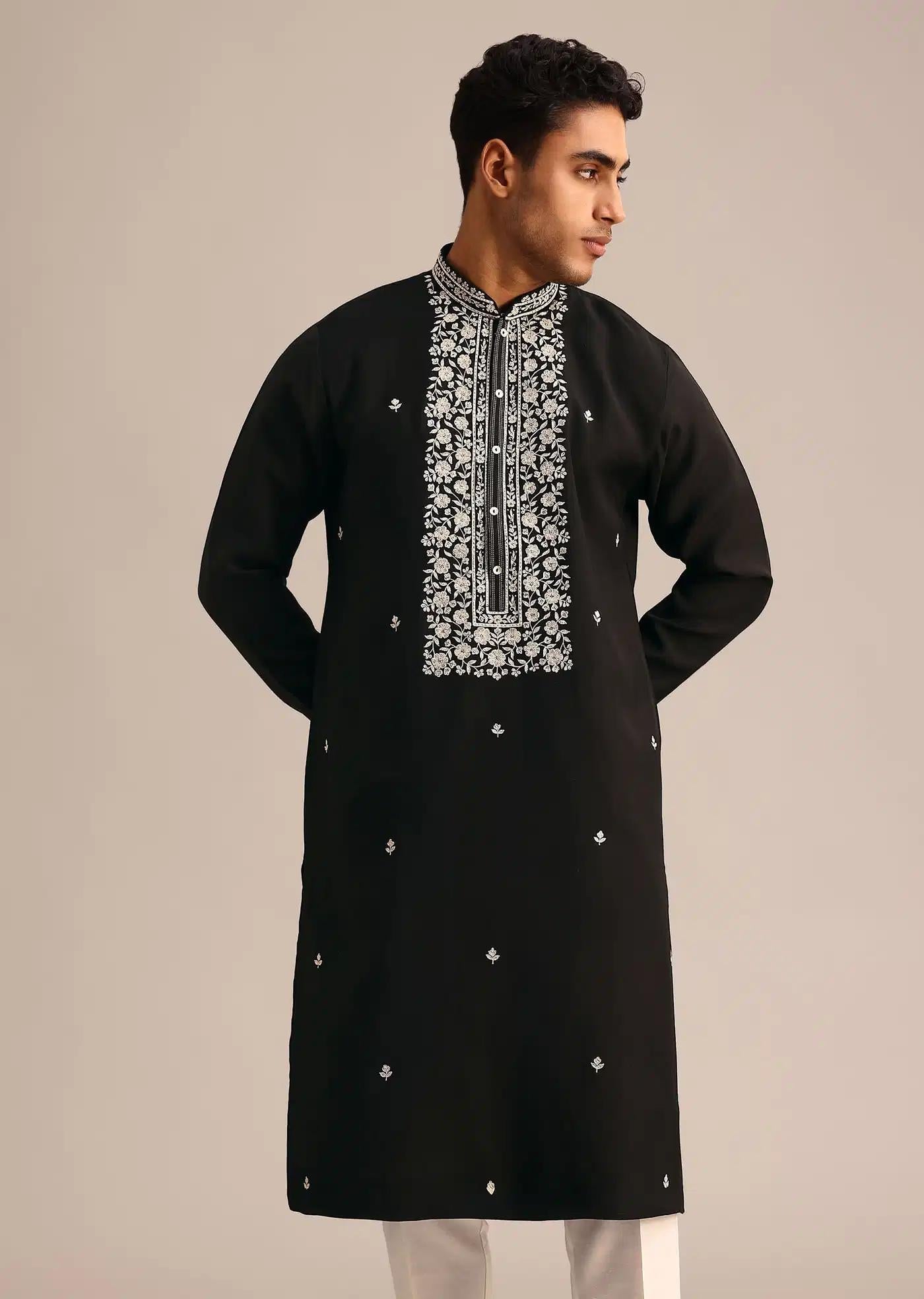 Black Silk Kurta Set With Hand Embroidered Yoke Elegant Designer Kurta Sets