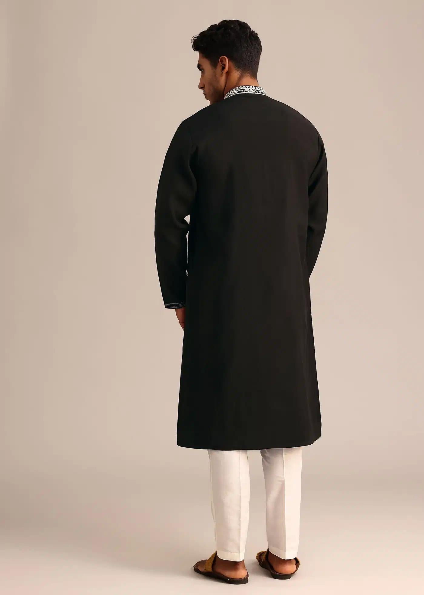 Black Silk Kurta Set With Hand Embroidered Yoke Elegant Designer Kurta Sets