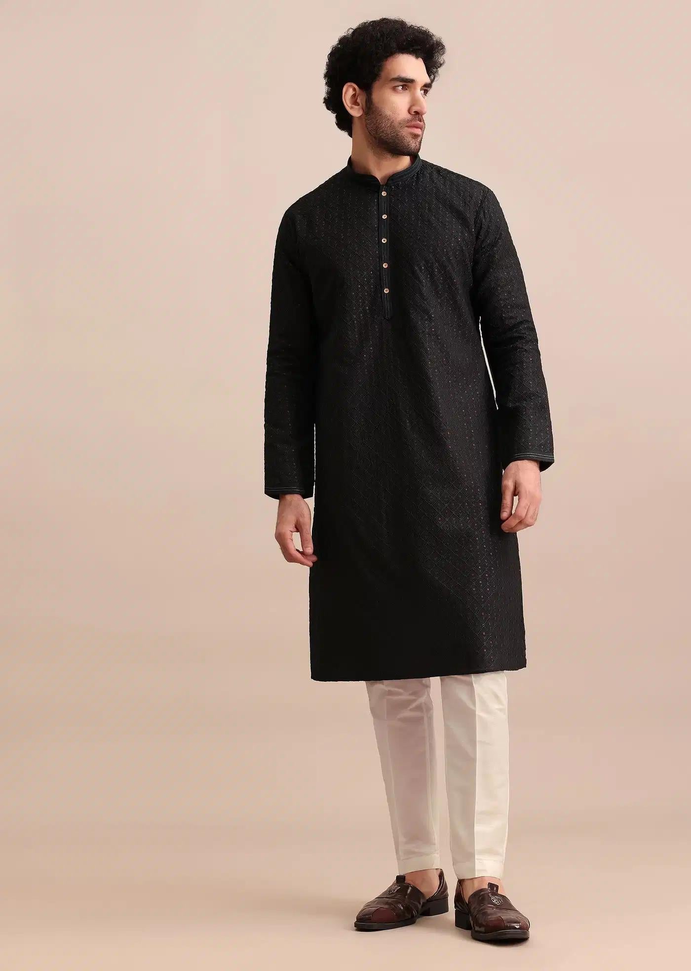 Black Silk Kurta Set With Threadwork For Men Elegant Designer Kurta Sets