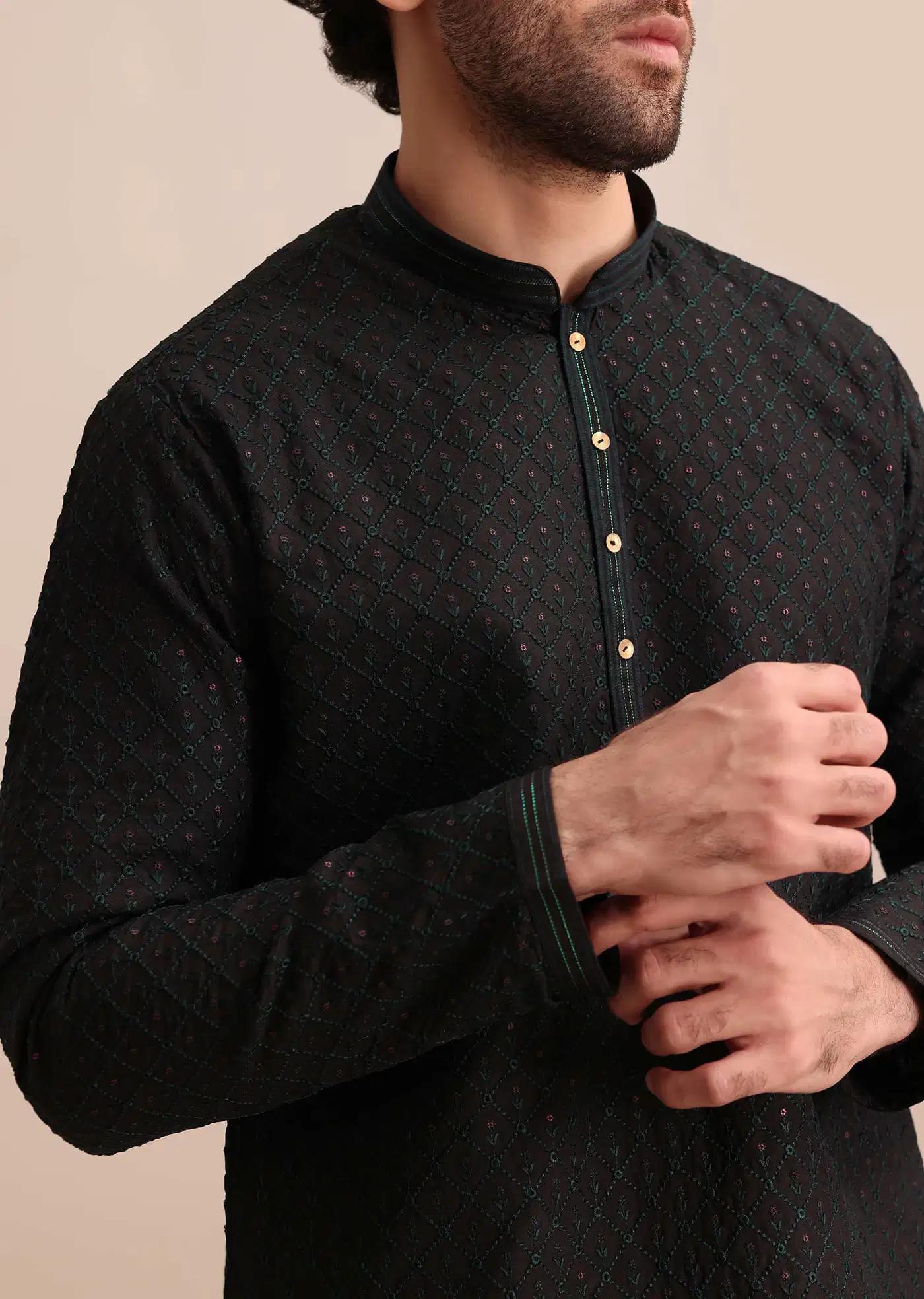 Black Silk Kurta Set With Threadwork For Men Elegant Designer Kurta Sets