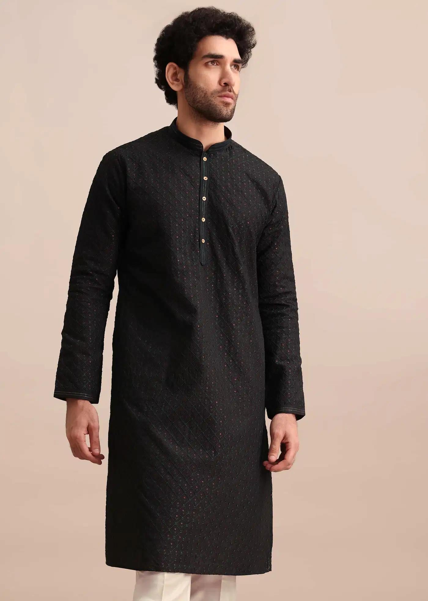 Black Silk Kurta Set With Threadwork For Men Elegant Designer Kurta Sets
