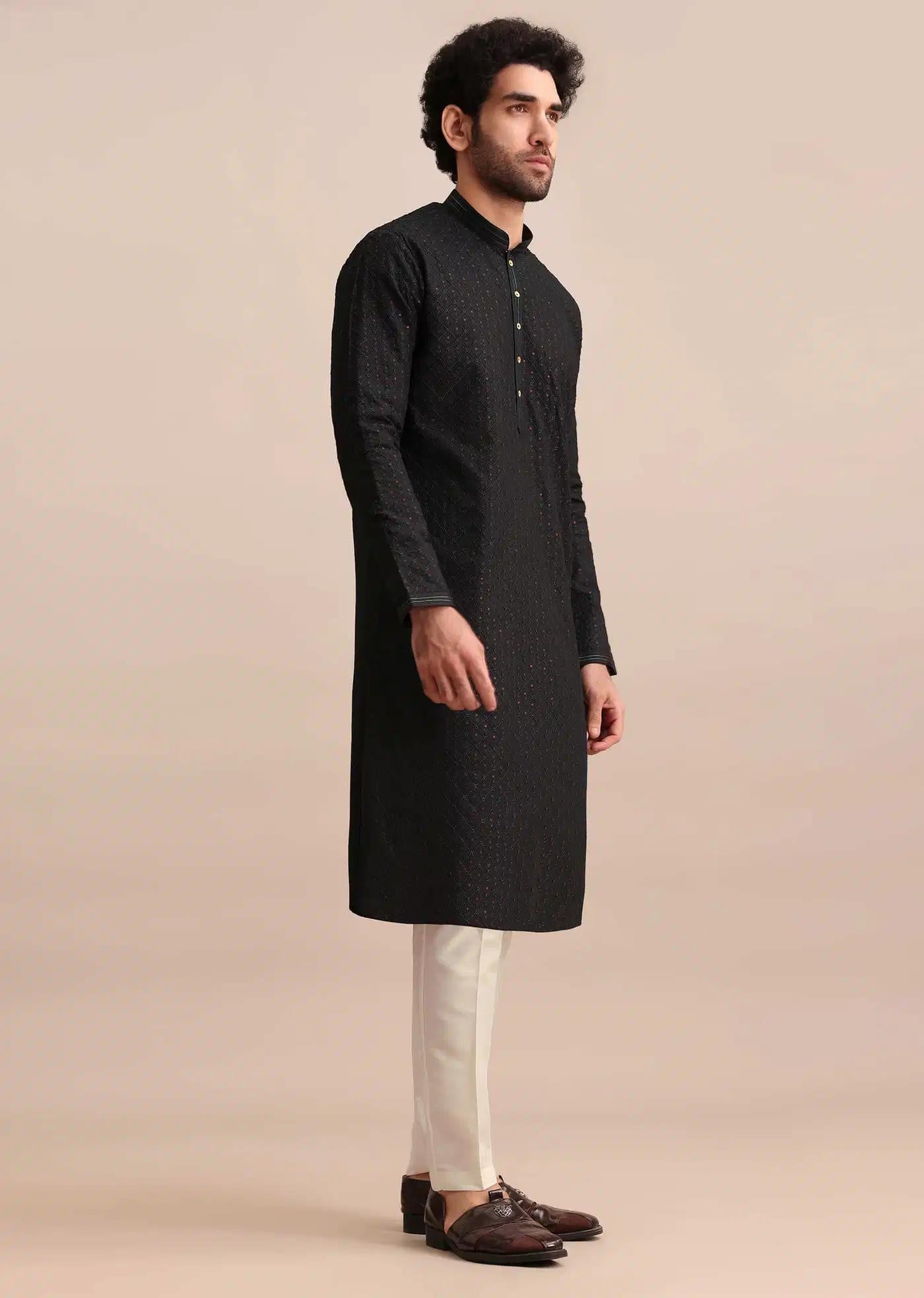 Black Silk Kurta Set With Threadwork For Men Elegant Designer Kurta Sets