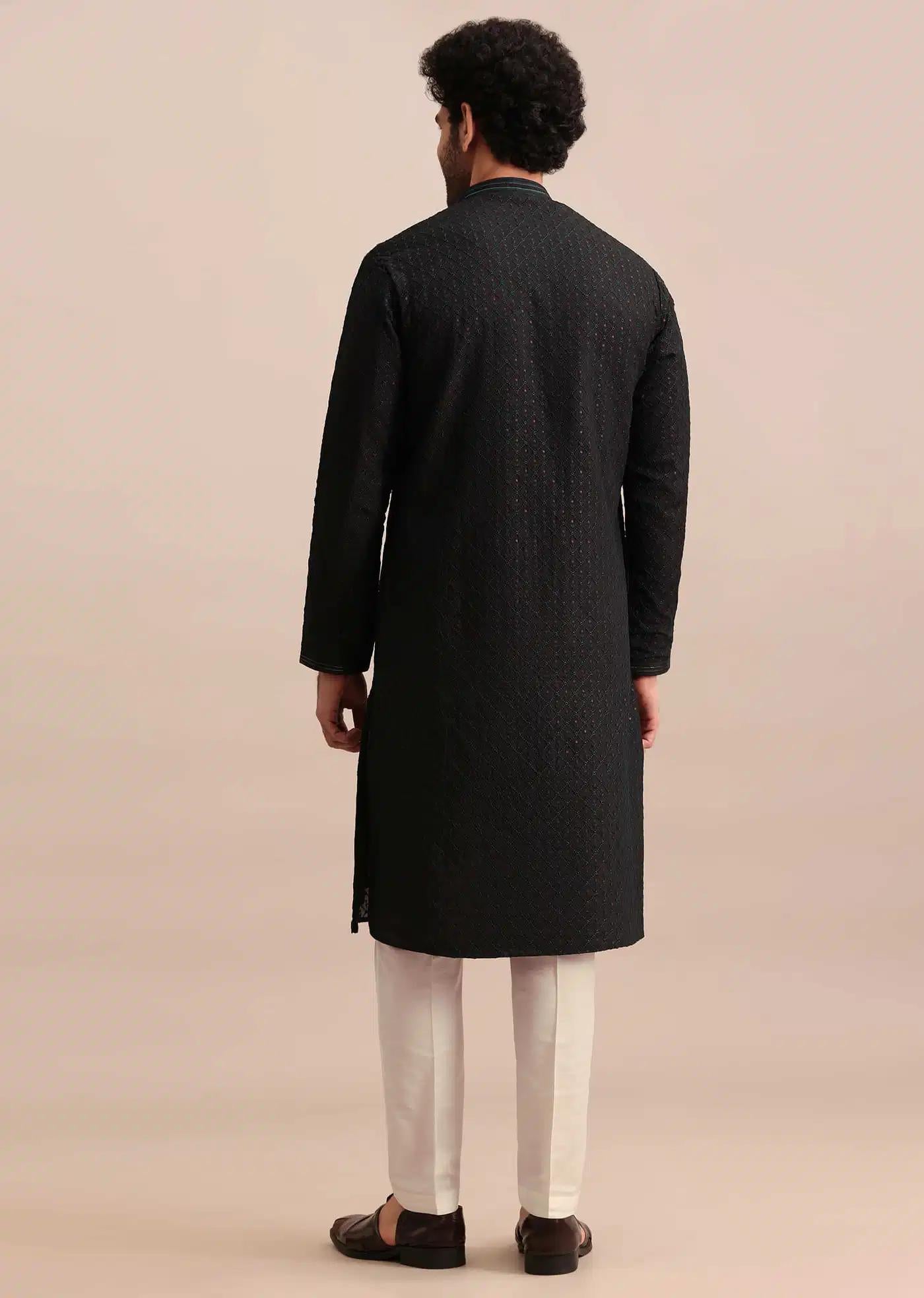 Black Silk Kurta Set With Threadwork For Men Elegant Designer Kurta Sets