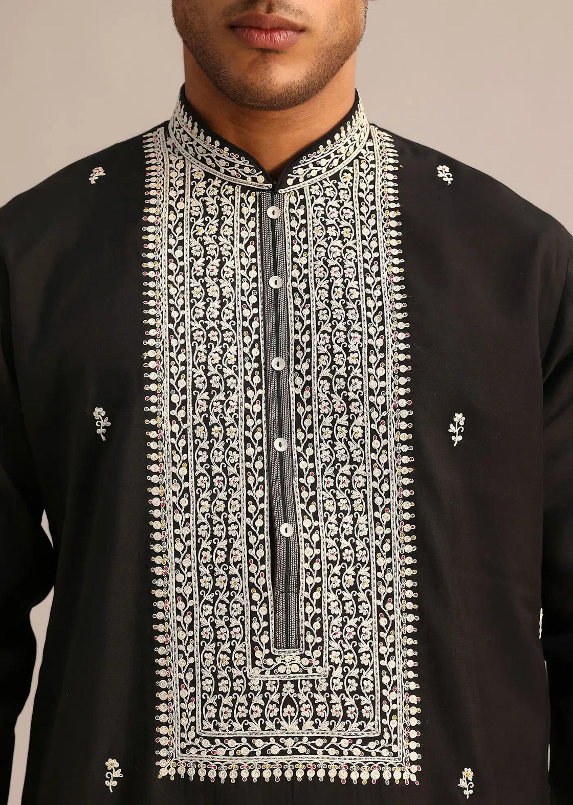 Black Silk Mandarin Collar Kurta Set With Embroidered Yoke Elegant Designer Kurta Sets