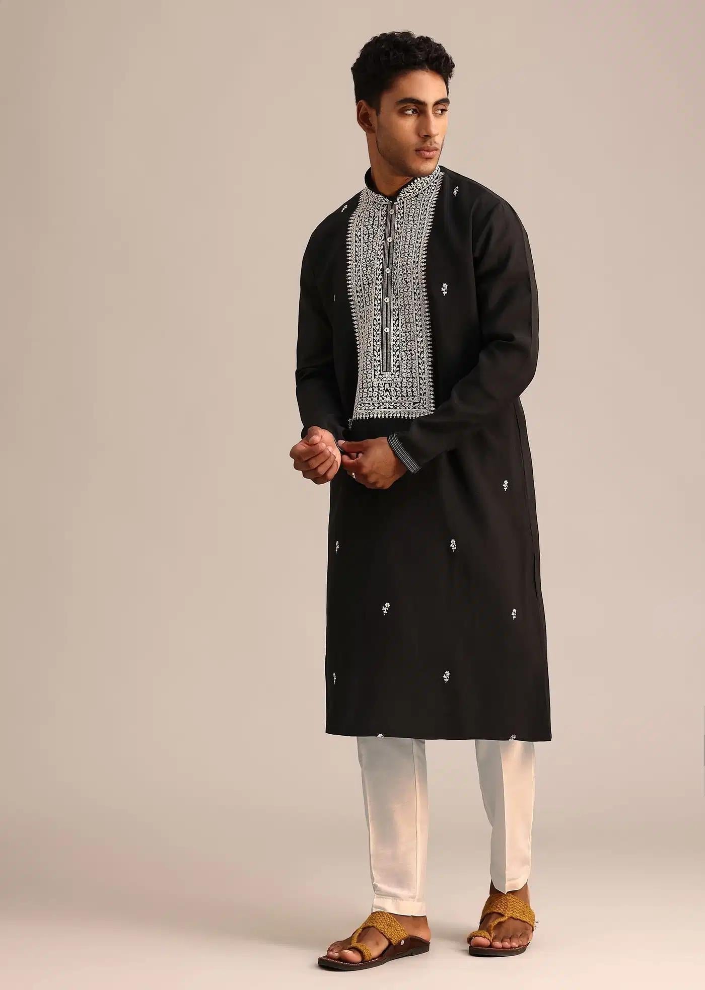 Black Silk Mandarin Collar Kurta Set With Embroidered Yoke Elegant Designer Kurta Sets