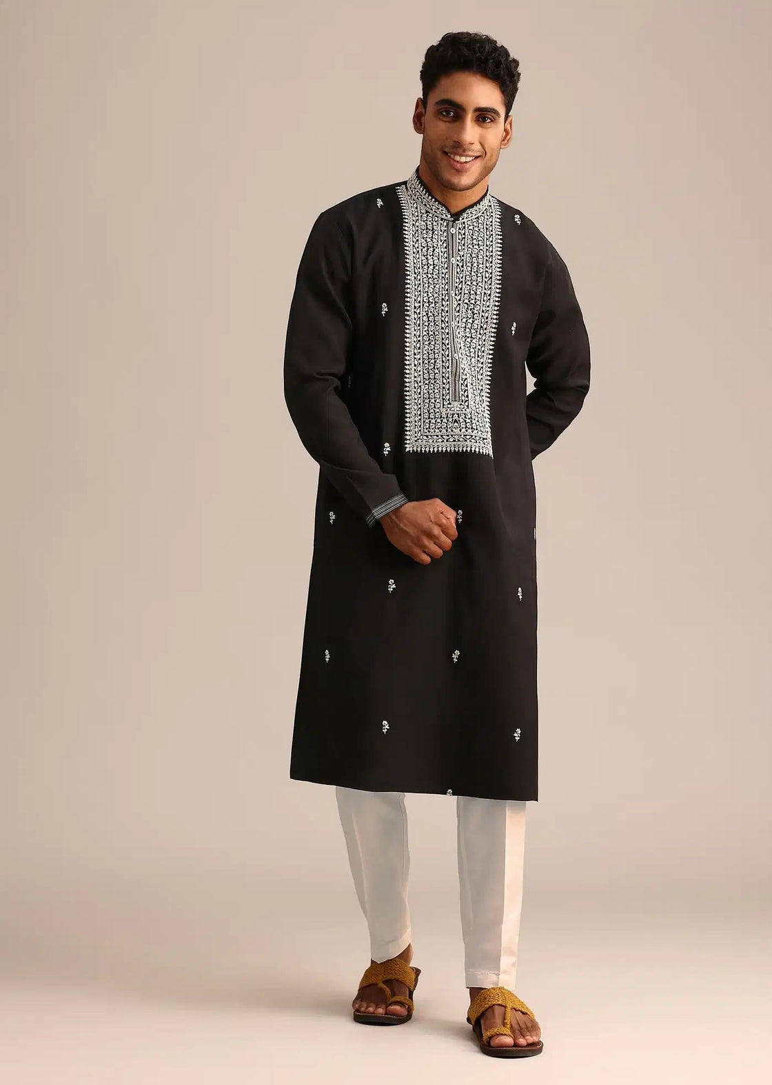 Black Silk Mandarin Collar Kurta Set With Embroidered Yoke Elegant Designer Kurta Sets