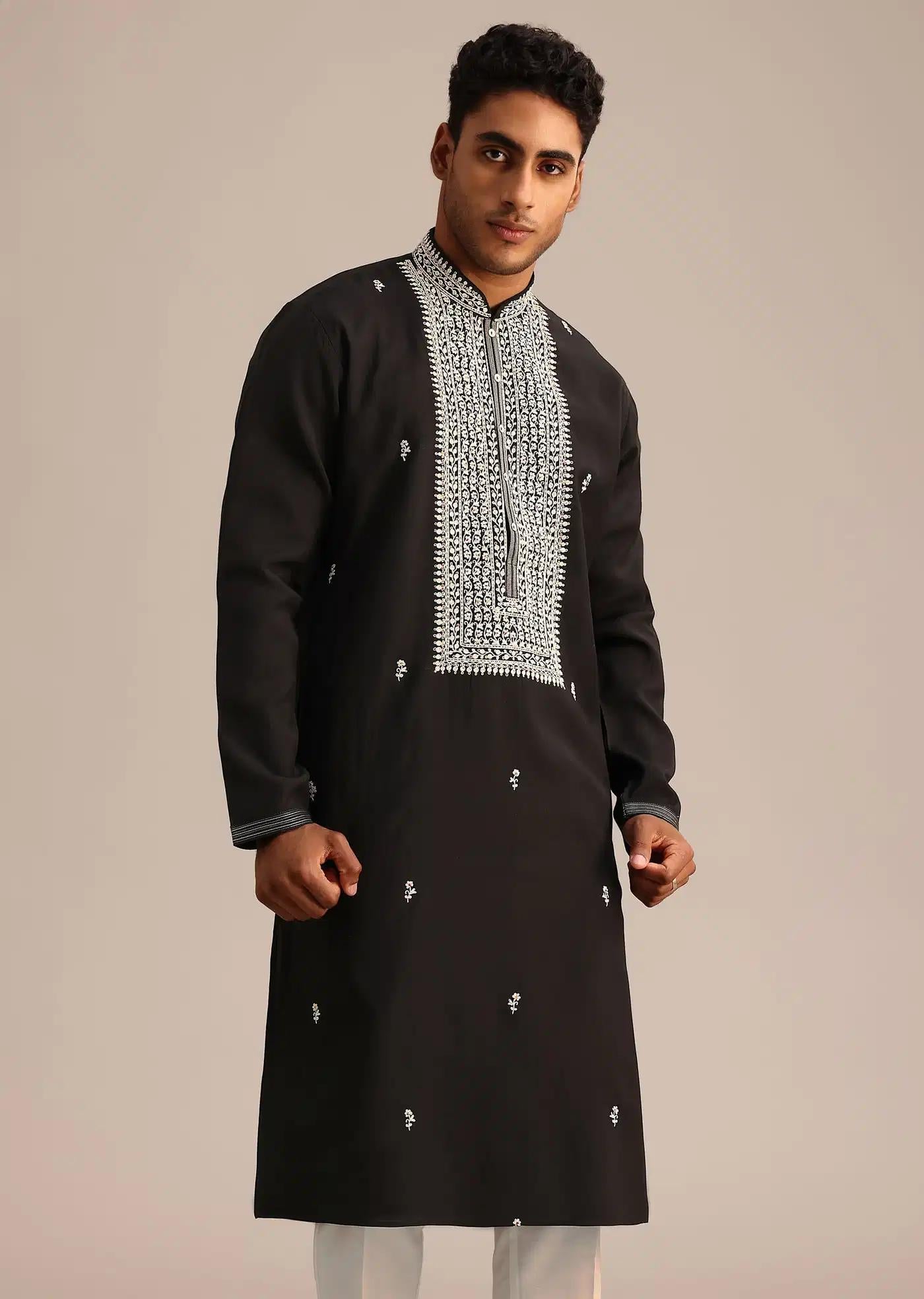 Black Silk Mandarin Collar Kurta Set With Embroidered Yoke Elegant Designer Kurta Sets