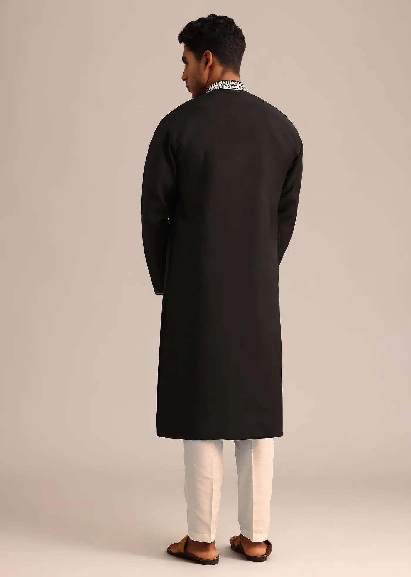 Black Silk Mandarin Collar Kurta Set With Embroidered Yoke Elegant Designer Kurta Sets