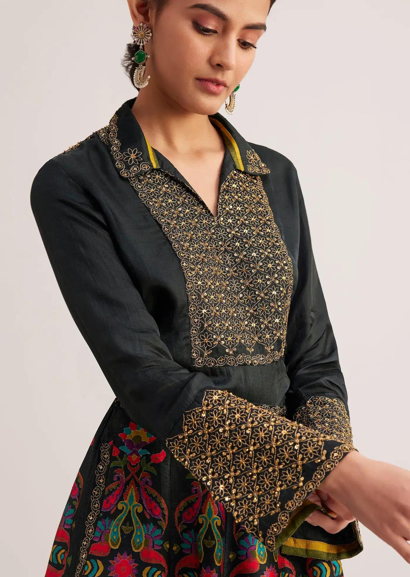 Black Silk Shirt Skirt Ensemble Featuring Zari Bead Embellishments