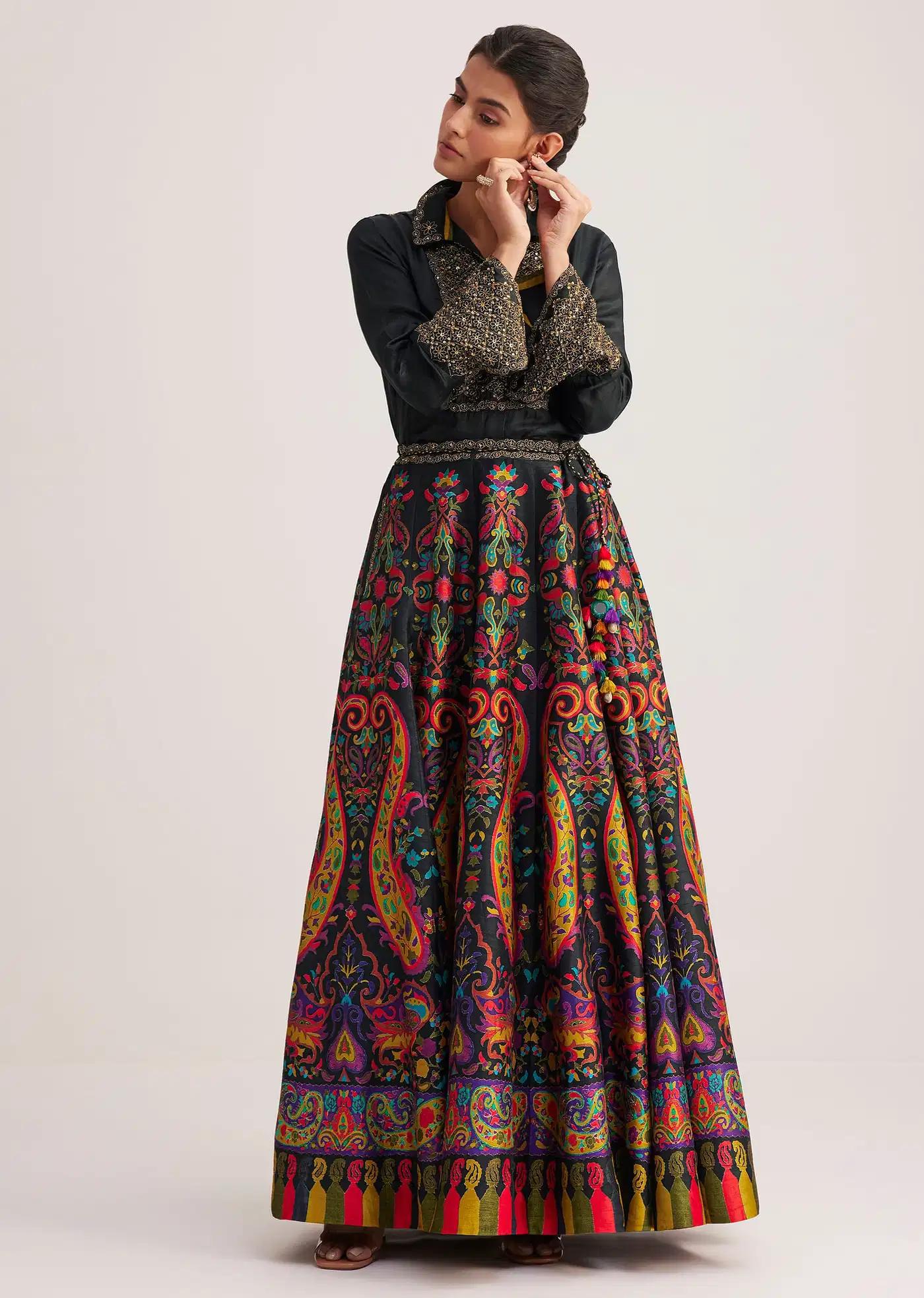 Black Silk Shirt Skirt Ensemble Featuring Zari Bead Embellishments