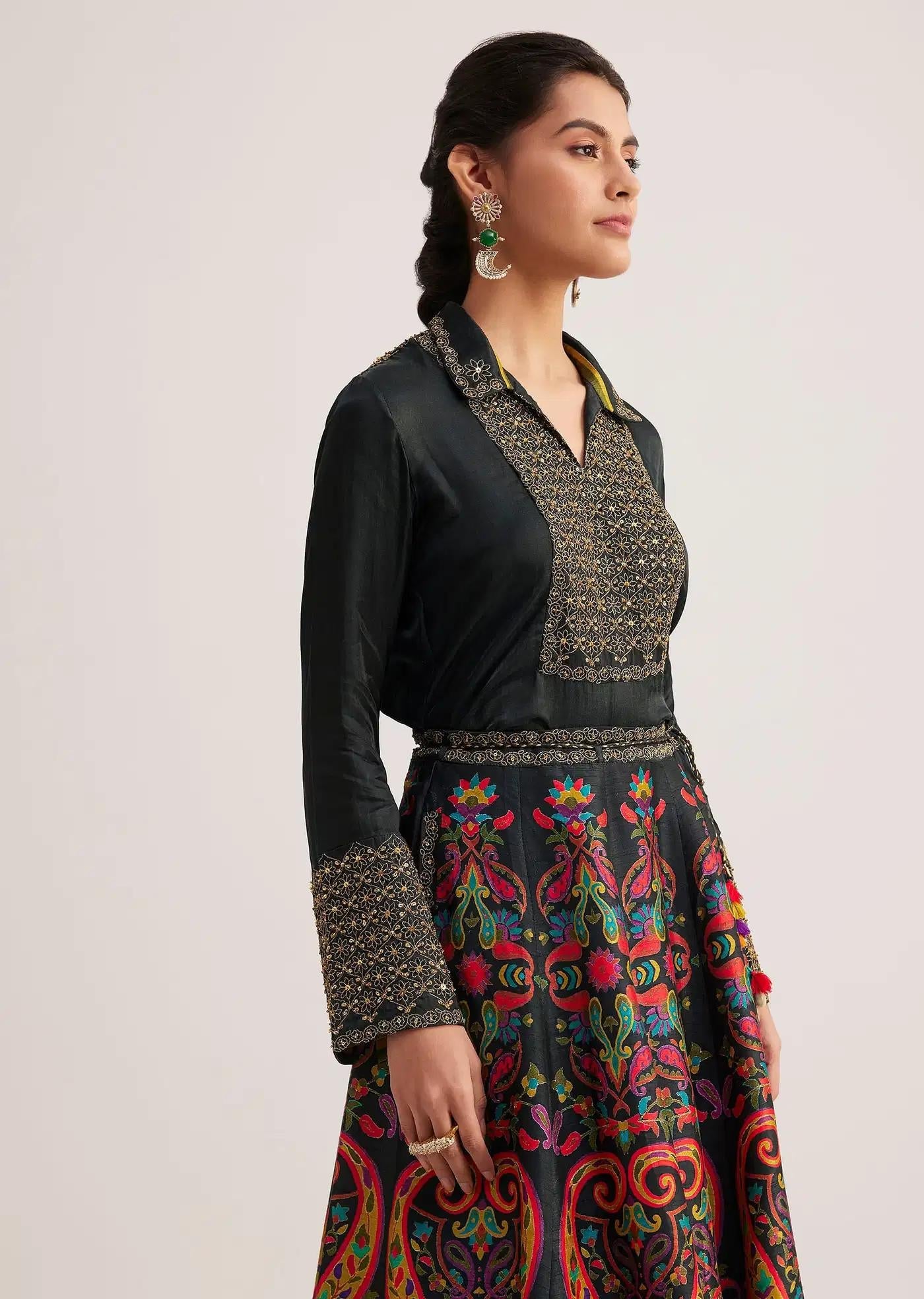 Black Silk Shirt Skirt Ensemble Featuring Zari Bead Embellishments