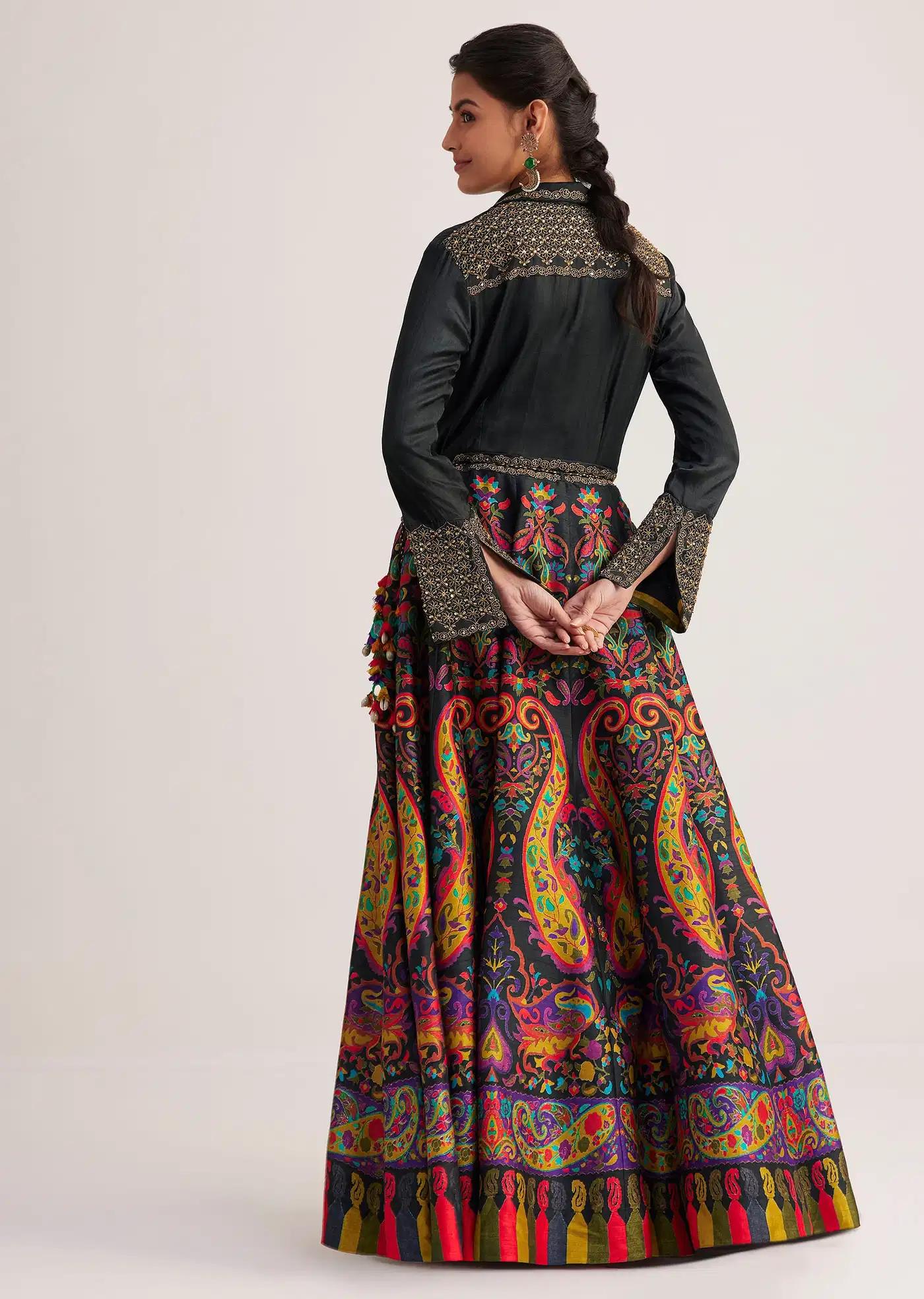 Black Silk Shirt Skirt Ensemble Featuring Zari Bead Embellishments