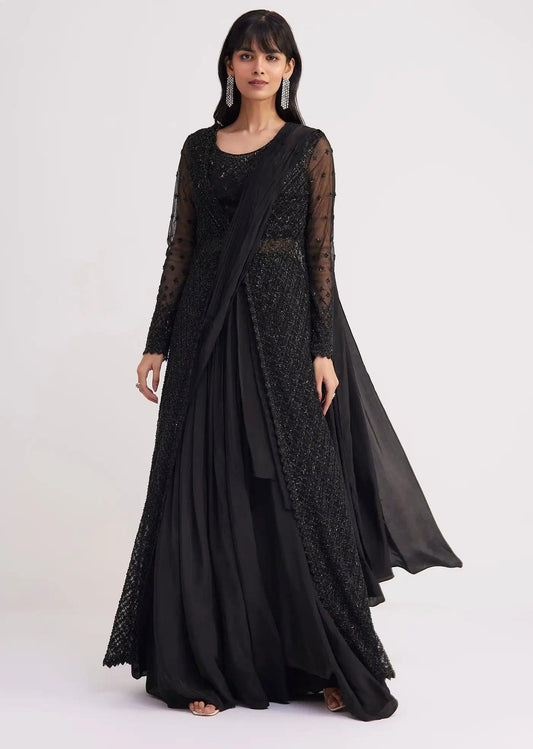 Black Skirt Saree Drape With Jacket And Embellished Blouse