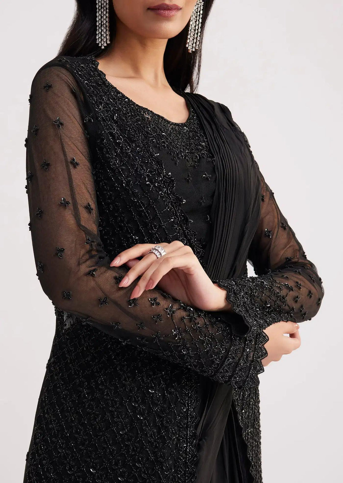 Black Skirt Saree Drape With Jacket And Embellished Blouse